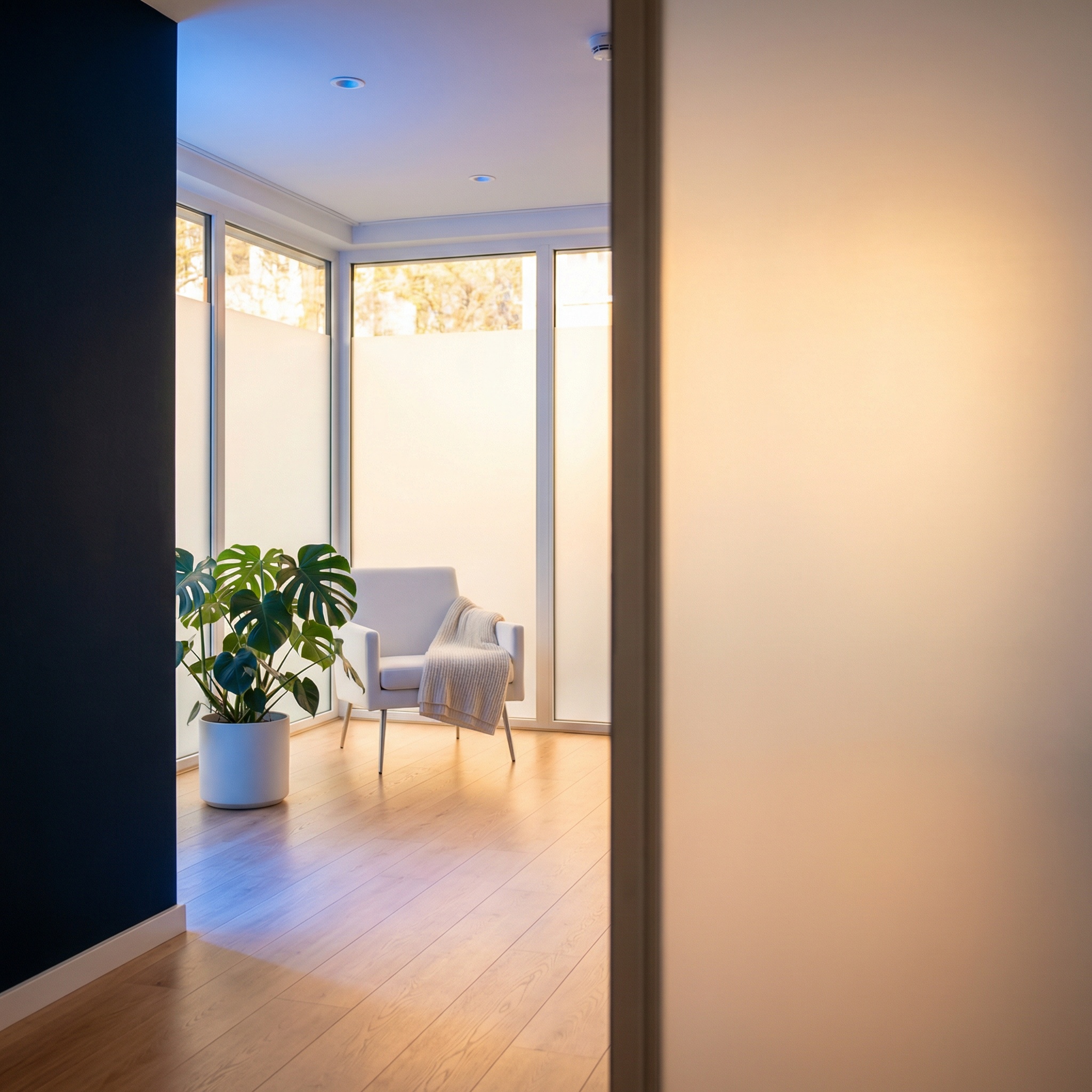 Rustige wachtkamer met natuurlijk licht in een behandelkliniek