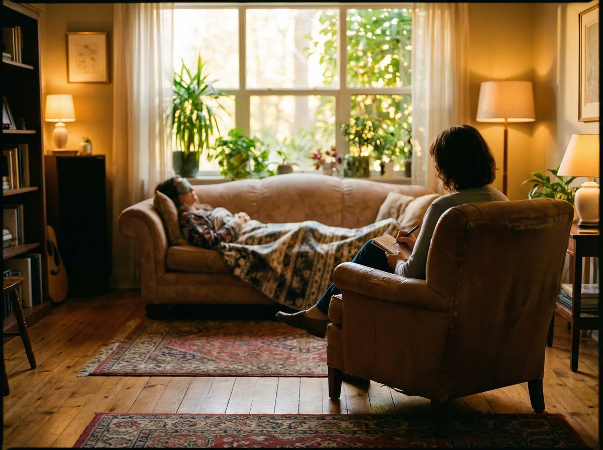 Warme, uitnodigende therapieruimte voor een persoonlijk gesprek over herstel